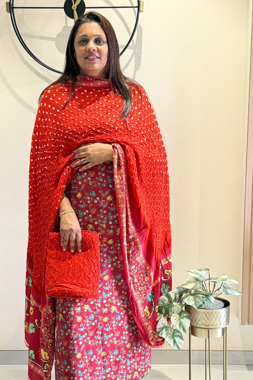 Bandhej With Kalamkari Print - 3 pc Unstiched Suit Set - Orange & Maroon
