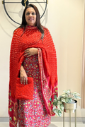 Bandhej With Kalamkari Print - 3 pc Unstiched Suit Set - Orange & Maroon