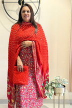 Bandhej With Kalamkari Print - 3 pc Unstiched Suit Set - Orange & Maroon