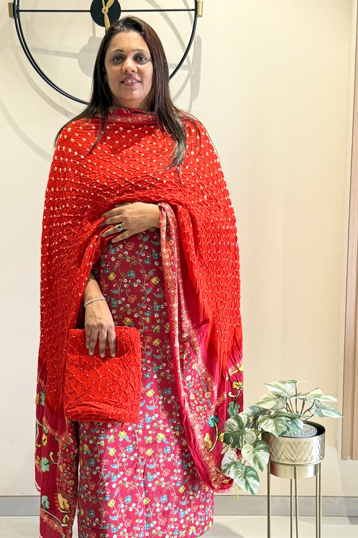 Bandhej With Kalamkari Print - 3 pc Unstiched Suit Set - Orange & Maroon