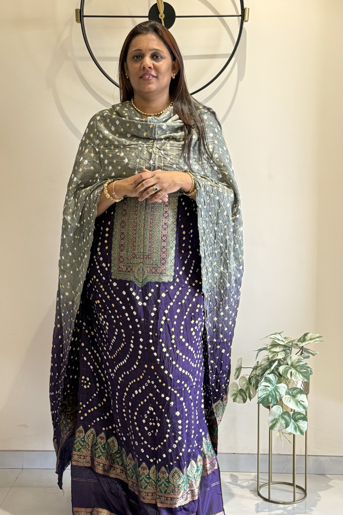 Purple Grey Banarasi Bandhej Elegance
