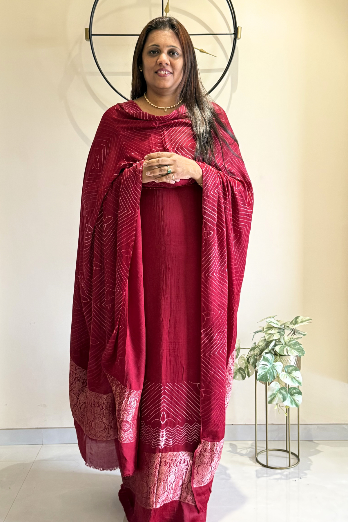 Pure Needle Shibori 3 Pc Suit with Lagadi Patta Border – Red