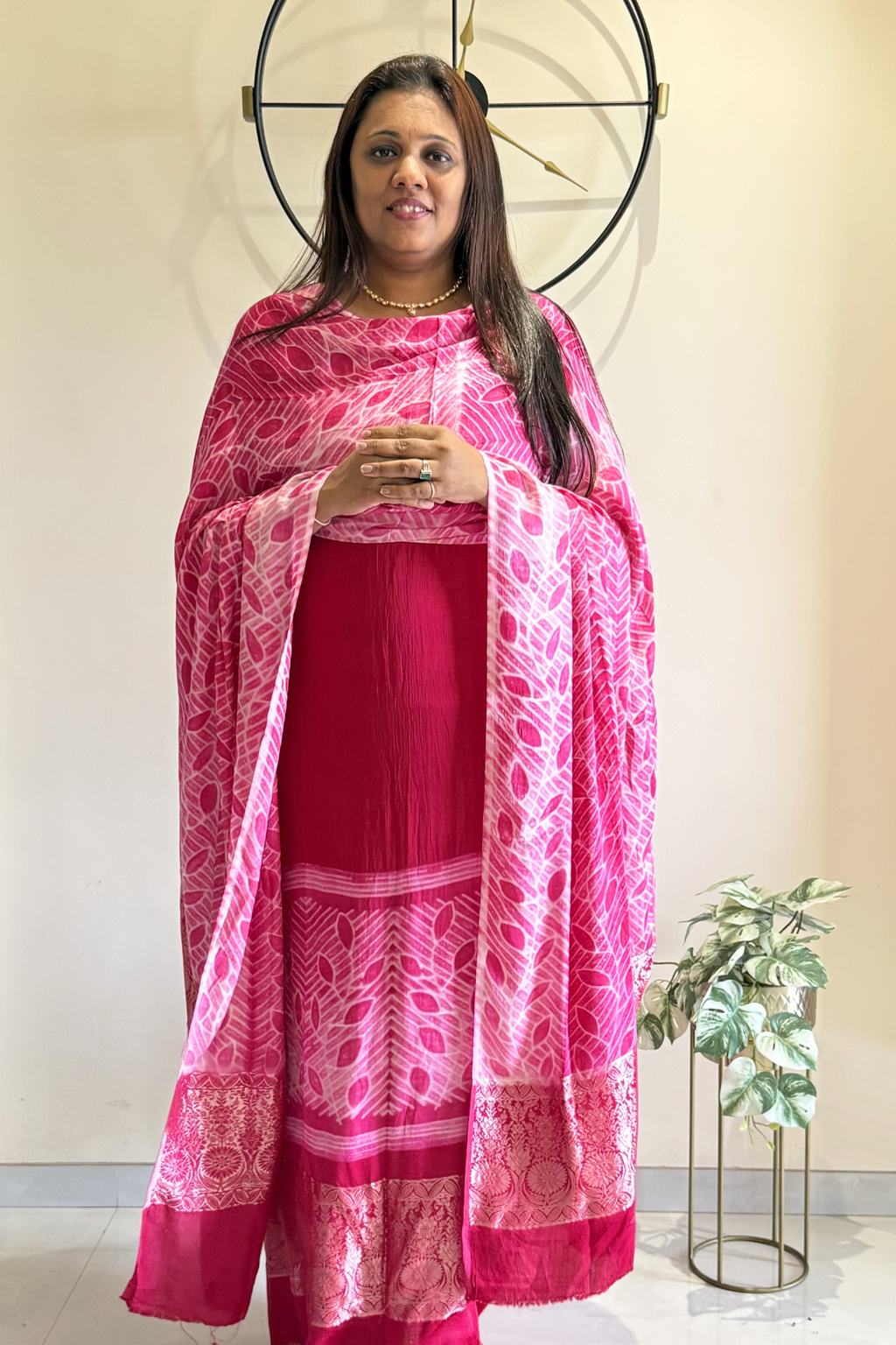Pure Needle Shibori 3 Pc Suit with Lagadi Patta Border – Rani Pink