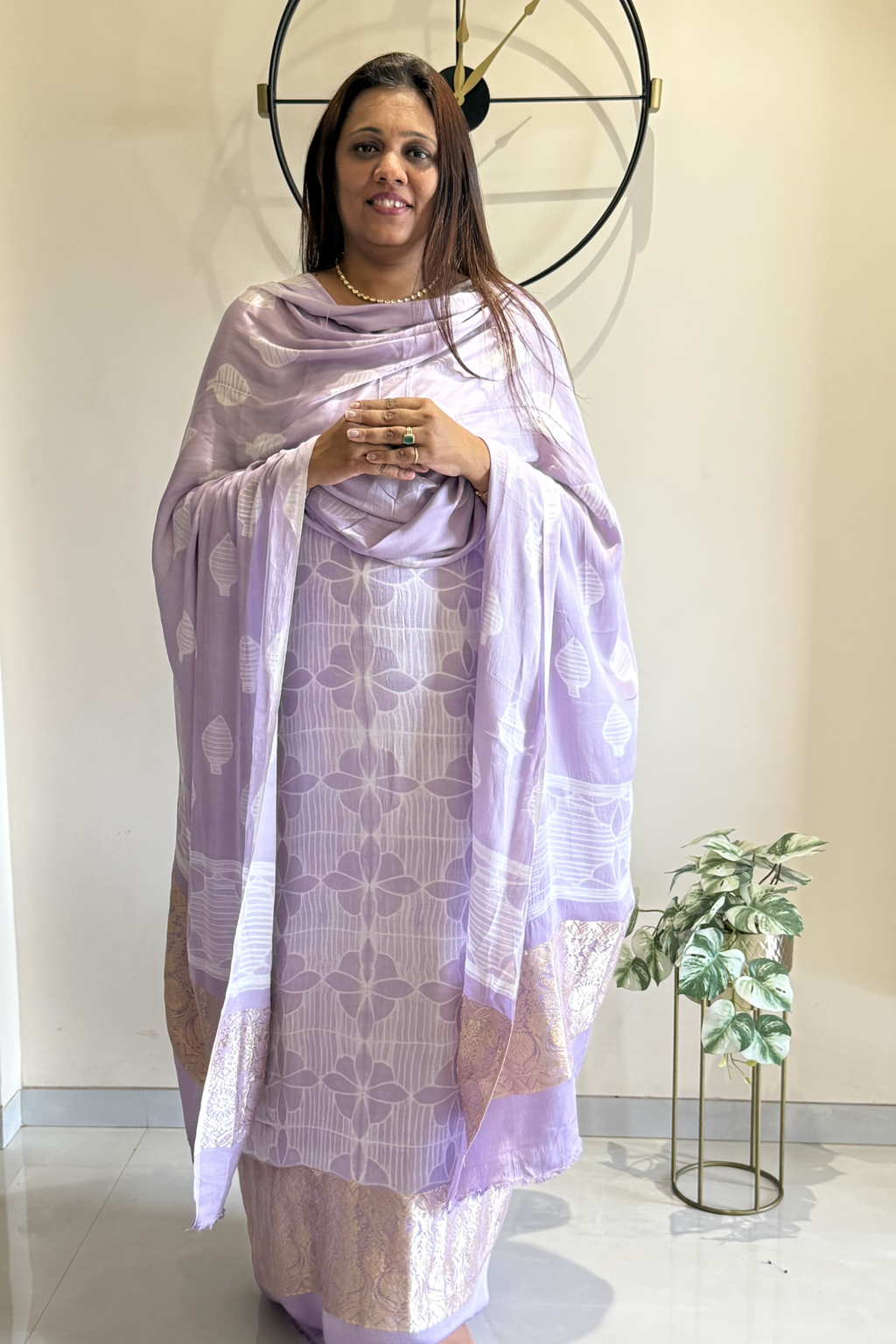Pure Needle Shibori 3 Pc Suit with Lagadi Patta Border – Light Lilac