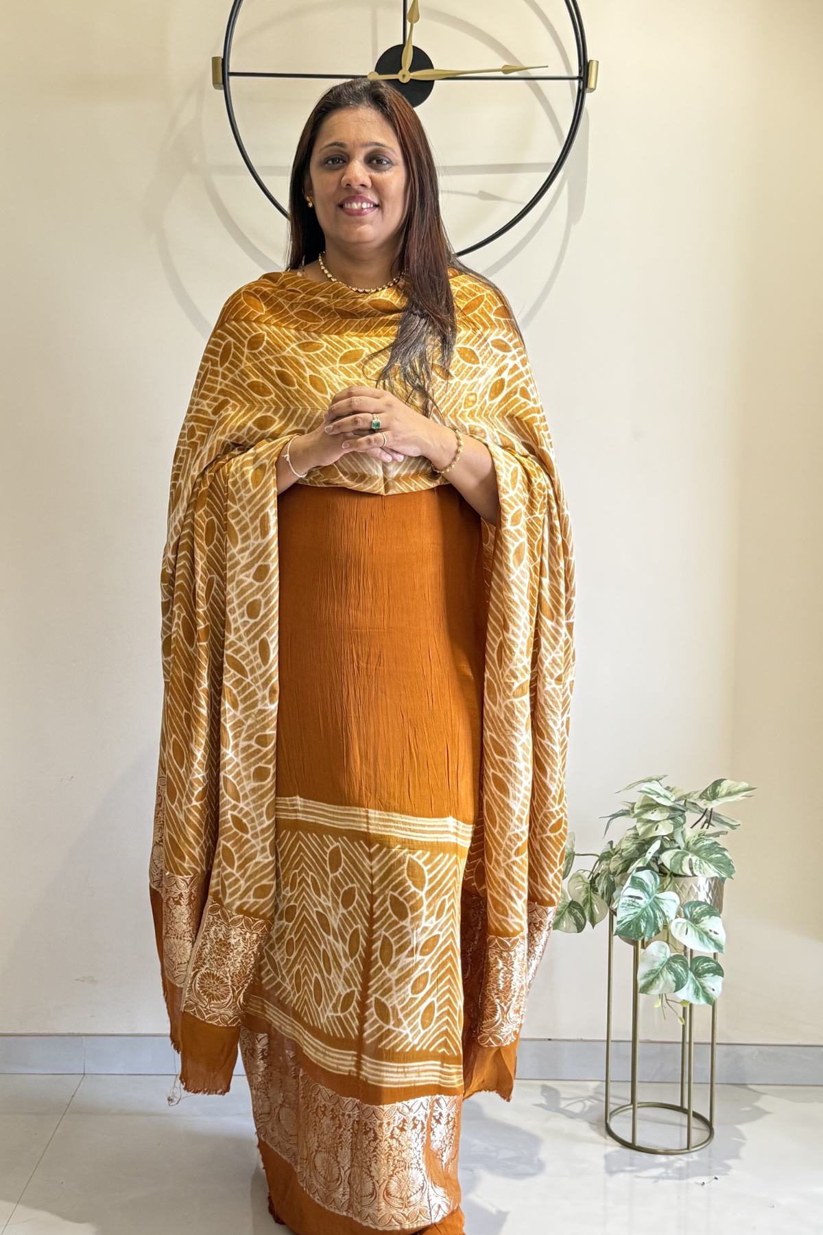 Pure Needle Shibori 3 Pc Suit with Lagadi Patta Border – Ochre