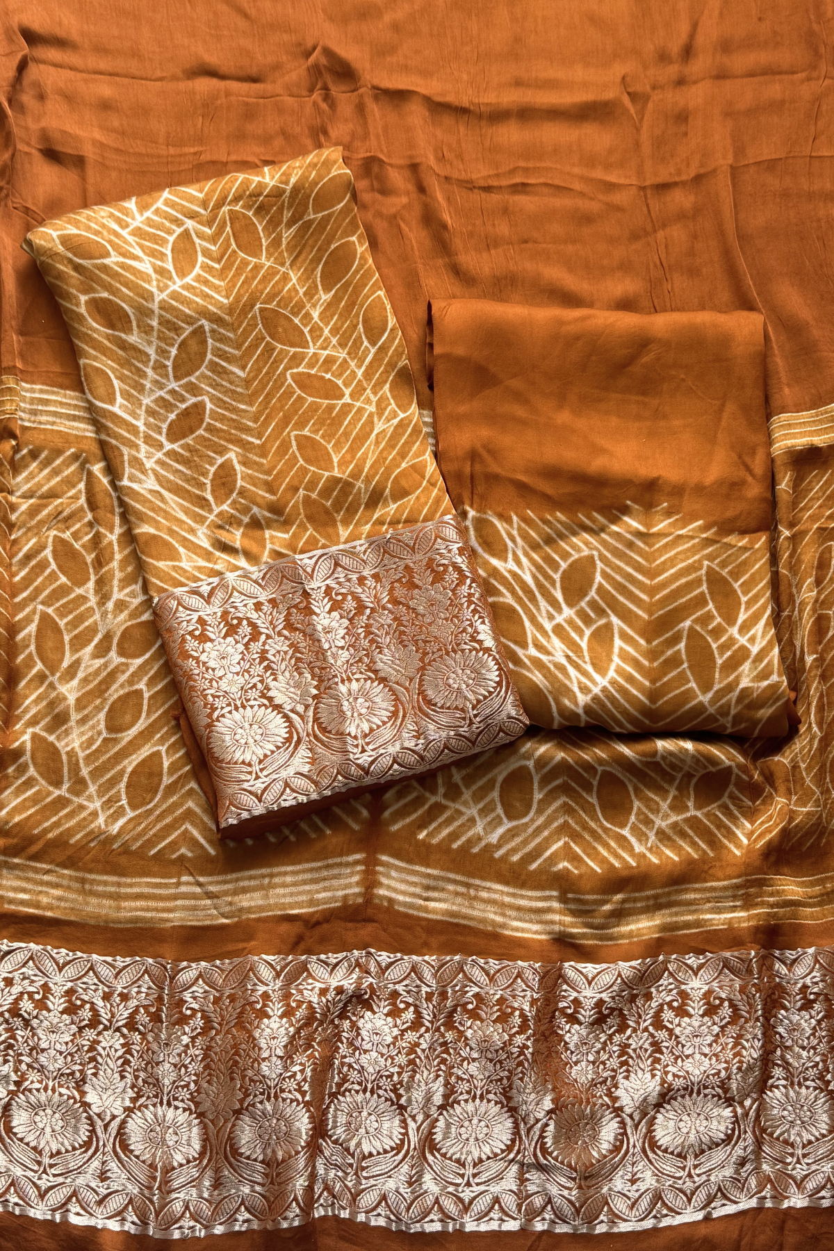 Pure Needle Shibori 3 Pc Suit with Lagadi Patta Border – Ochre