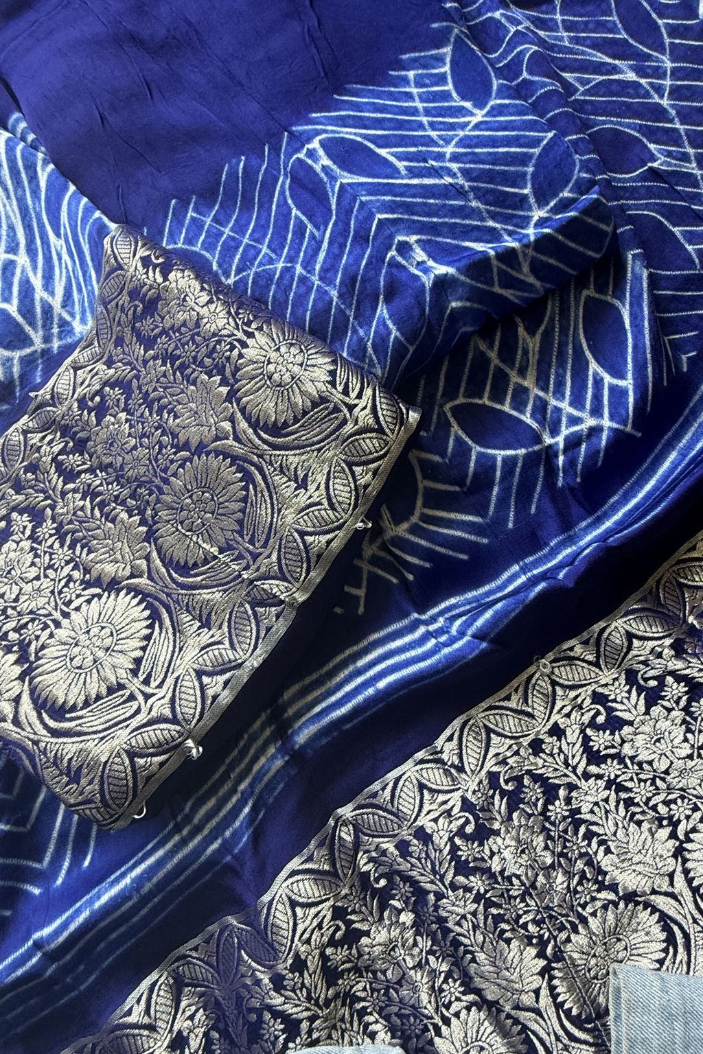Pure Needle Shibori 3 Pc Suit with Lagadi Patta Border – Blue