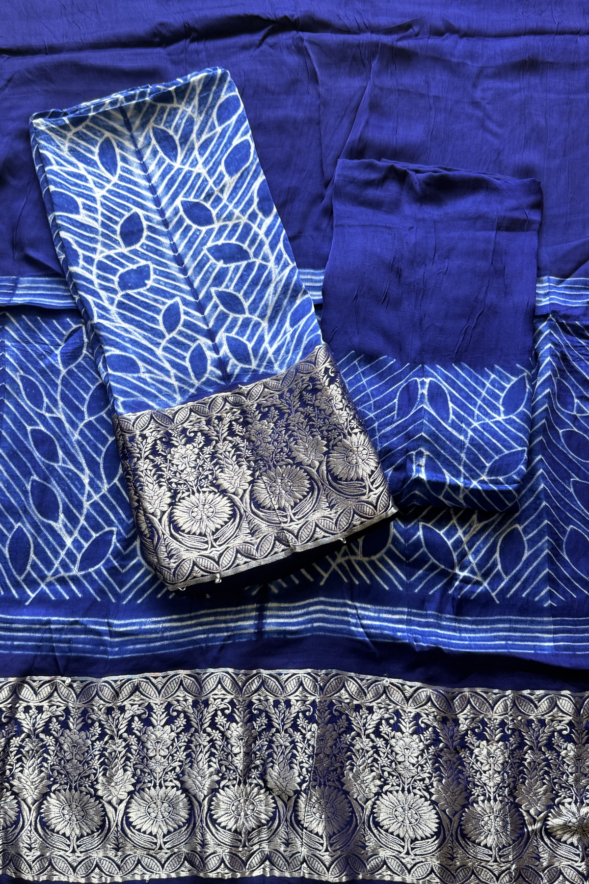 Pure Needle Shibori 3 Pc Suit with Lagadi Patta Border – Blue