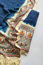 Bandhej With Madhubani Print - 3 pc Unstiched Suit Set - Peacock Blue