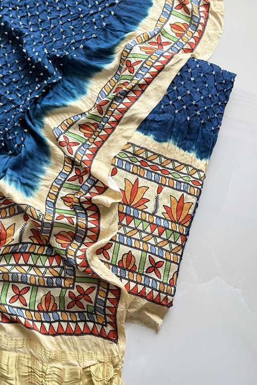 Bandhej With Madhubani Print - 3 pc Unstiched Suit Set - Peacock Blue