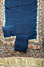 Bandhej With Madhubani Print - 3 pc Unstiched Suit Set - Peacock Blue