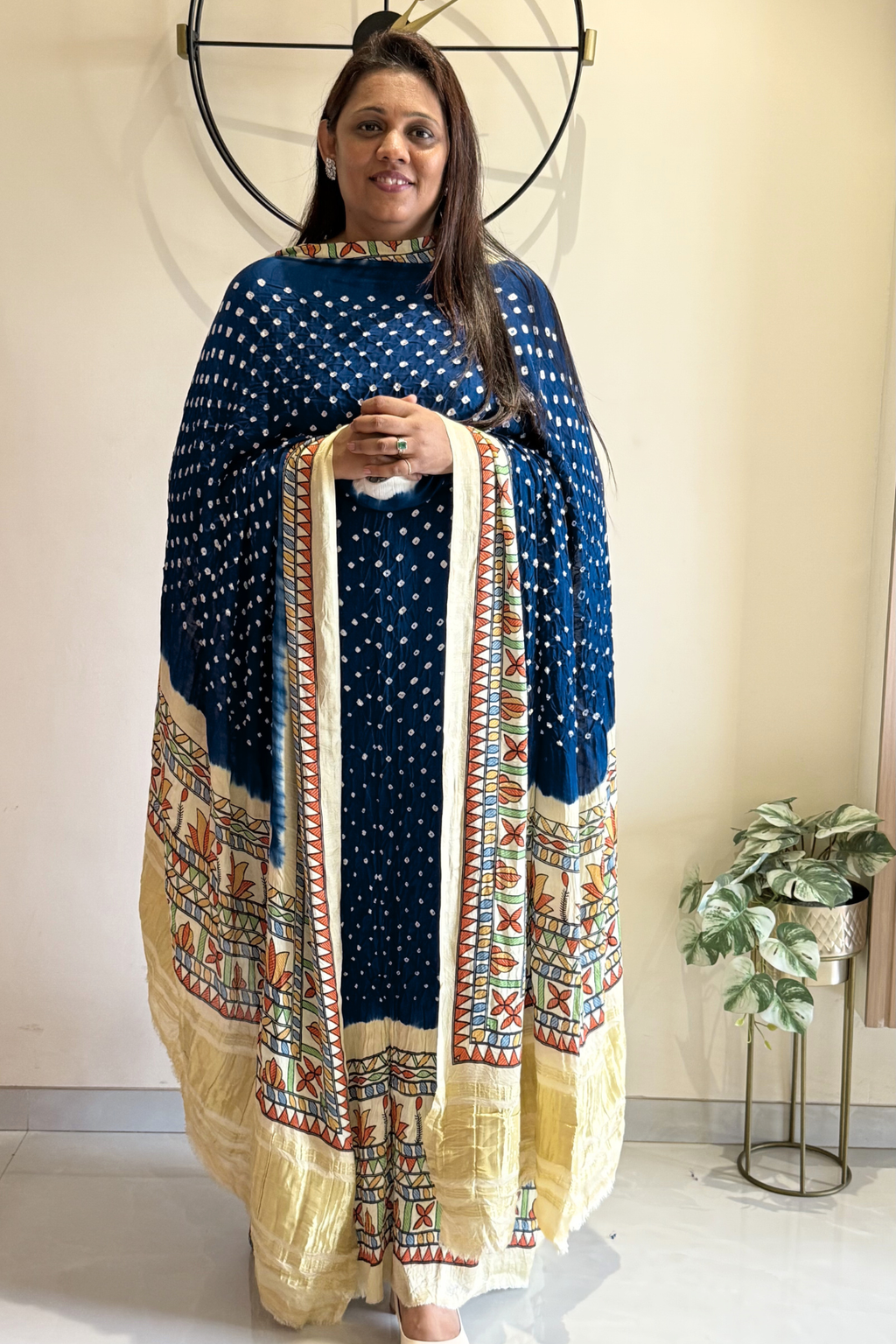 Bandhej With Madhubani Print - 3 pc Unstiched Suit Set - Peacock Blue