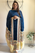 Bandhej With Madhubani Print - 3 pc Unstiched Suit Set - Peacock Blue