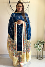 Bandhej With Madhubani Print - 3 pc Unstiched Suit Set - Peacock Blue