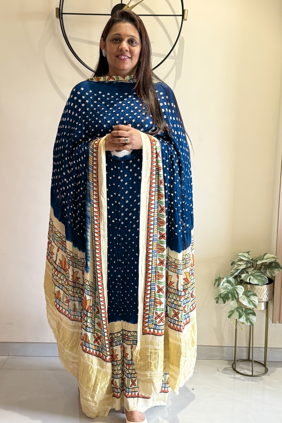 Bandhej With Madhubani Print - 3 pc Unstiched Suit Set - Peacock Blue