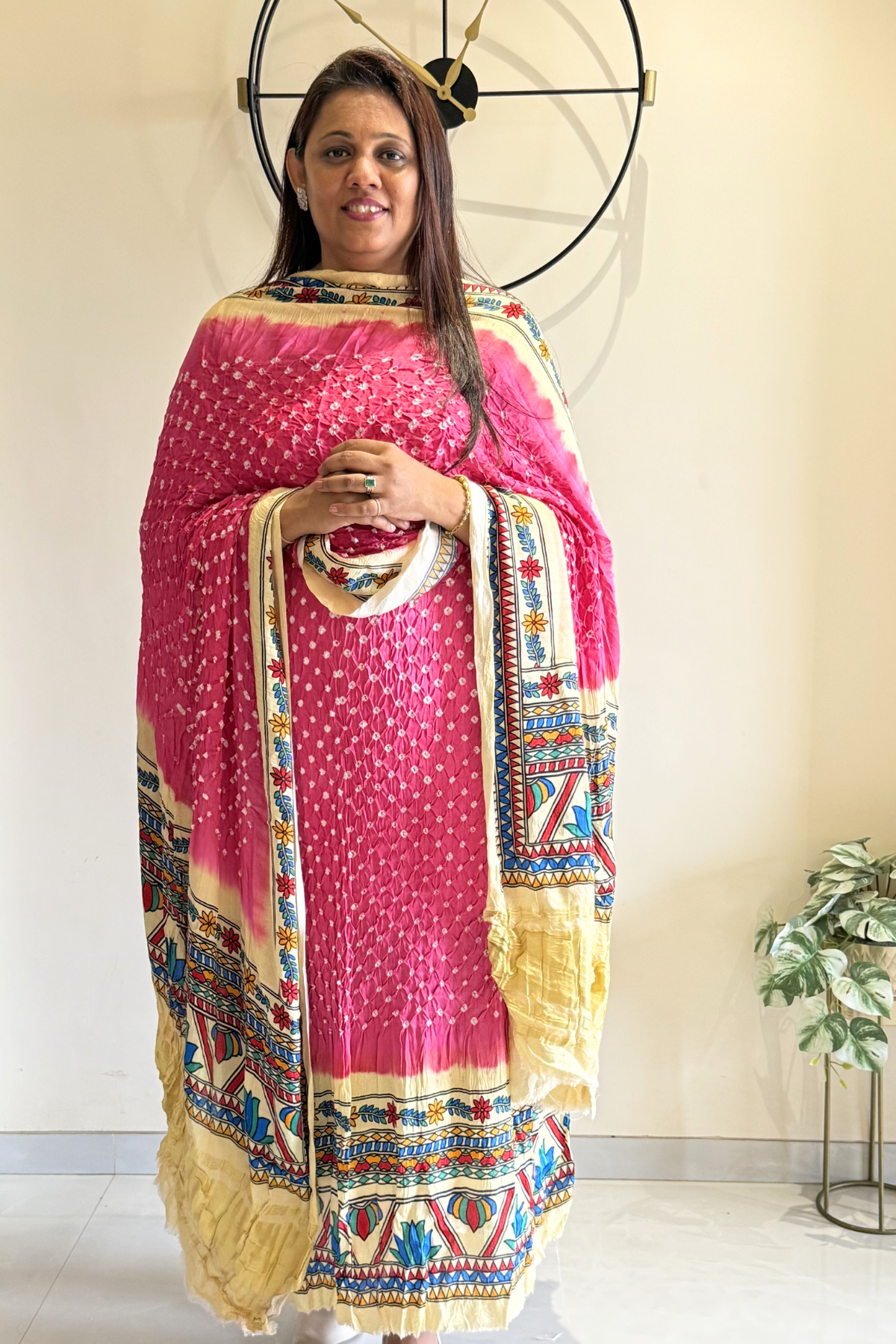 Bandhej With Madhubani Print - 3 pc Unstiched Suit Set - Neon Pink