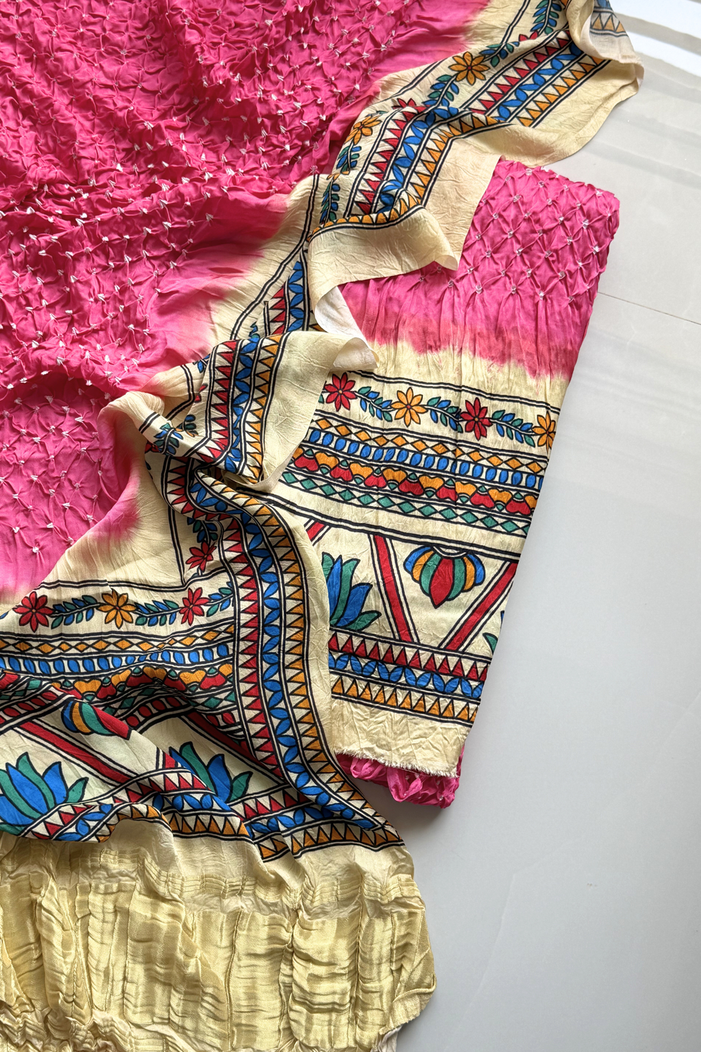 Bandhej With Madhubani Print - 3 pc Unstiched Suit Set - Neon Pink