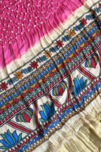 Bandhej With Madhubani Print - 3 pc Unstiched Suit Set - Neon Pink