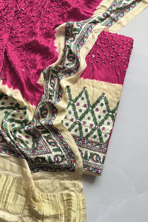 Bandhej With Madhubani Print - 3 pc Unstiched Suit Set - Pink