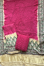 Bandhej With Madhubani Print - 3 pc Unstiched Suit Set - Pink