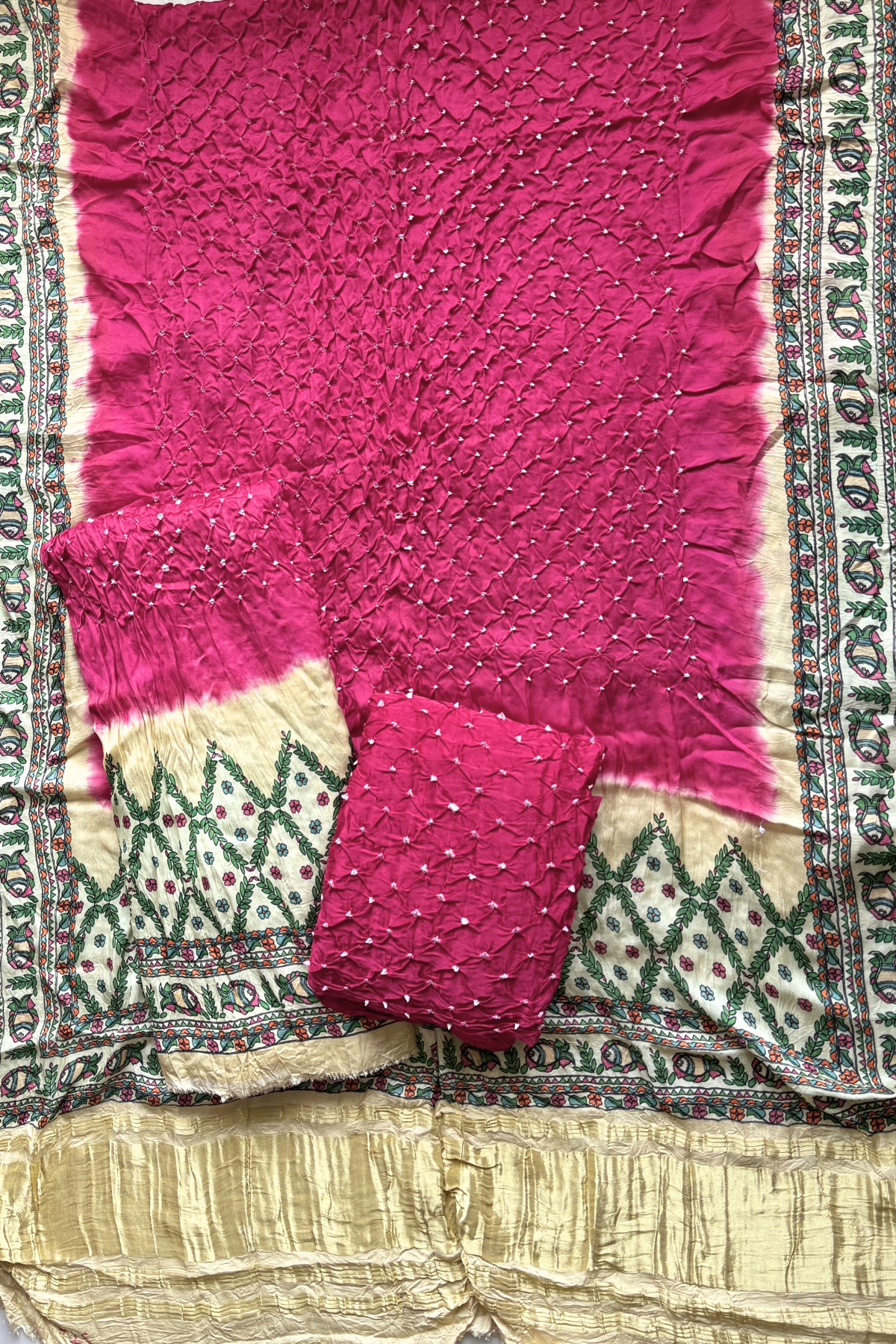 Bandhej With Madhubani Print - 3 pc Unstiched Suit Set - Pink