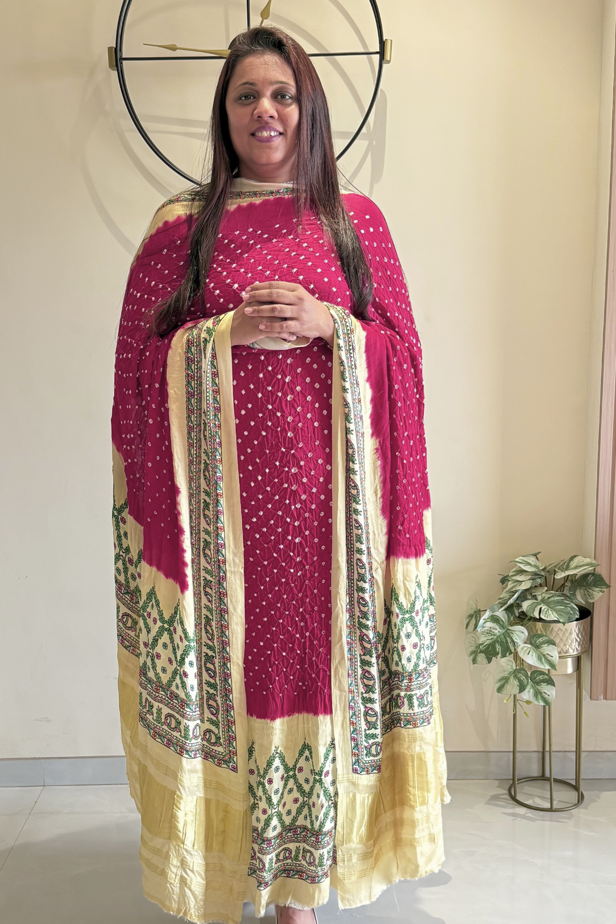 Bandhej With Madhubani Print - 3 pc Unstiched Suit Set - Pink