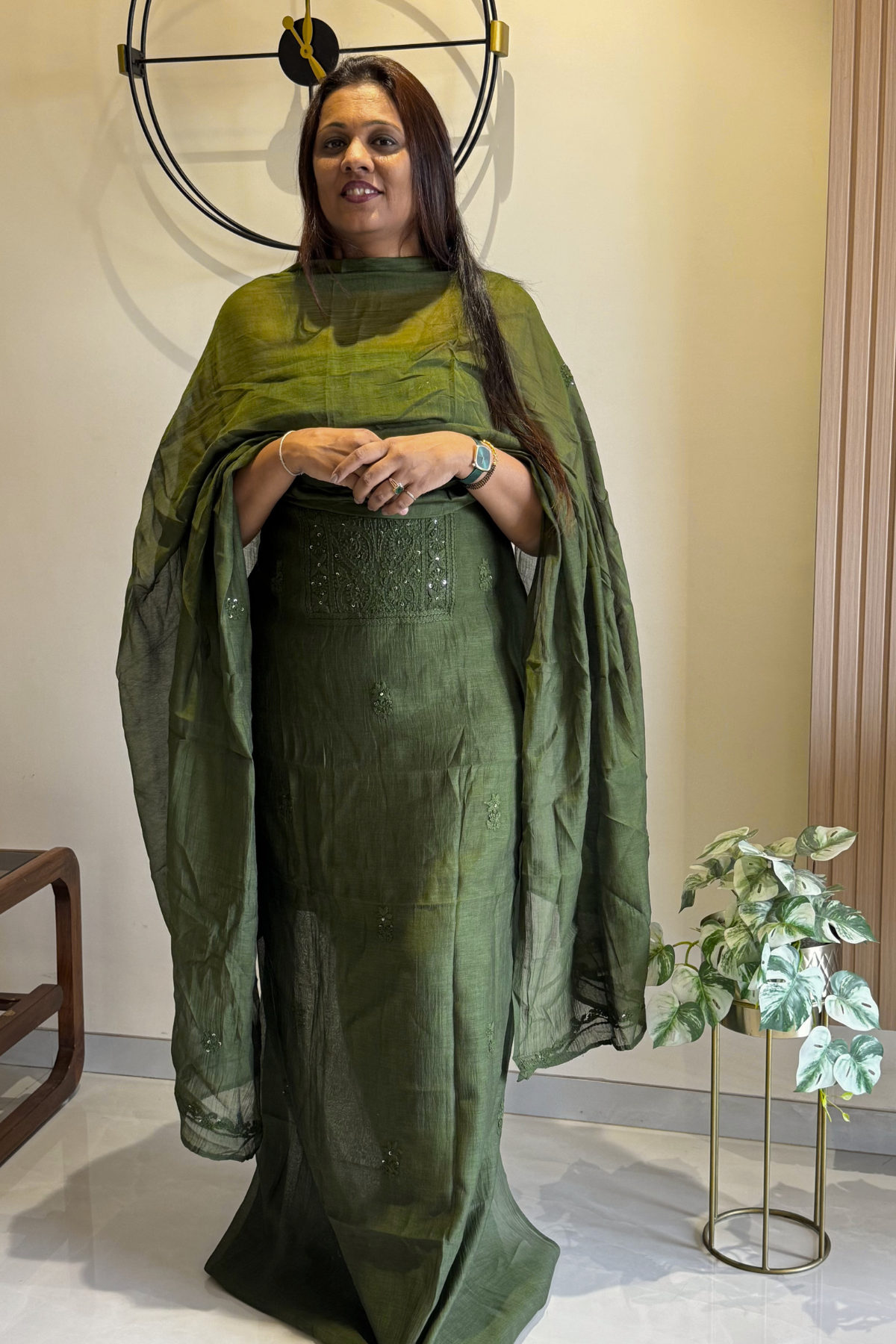 Lucknawi Pure Mul Chanderi 3-Piece Unstitched Kurta Set –  Olive Green