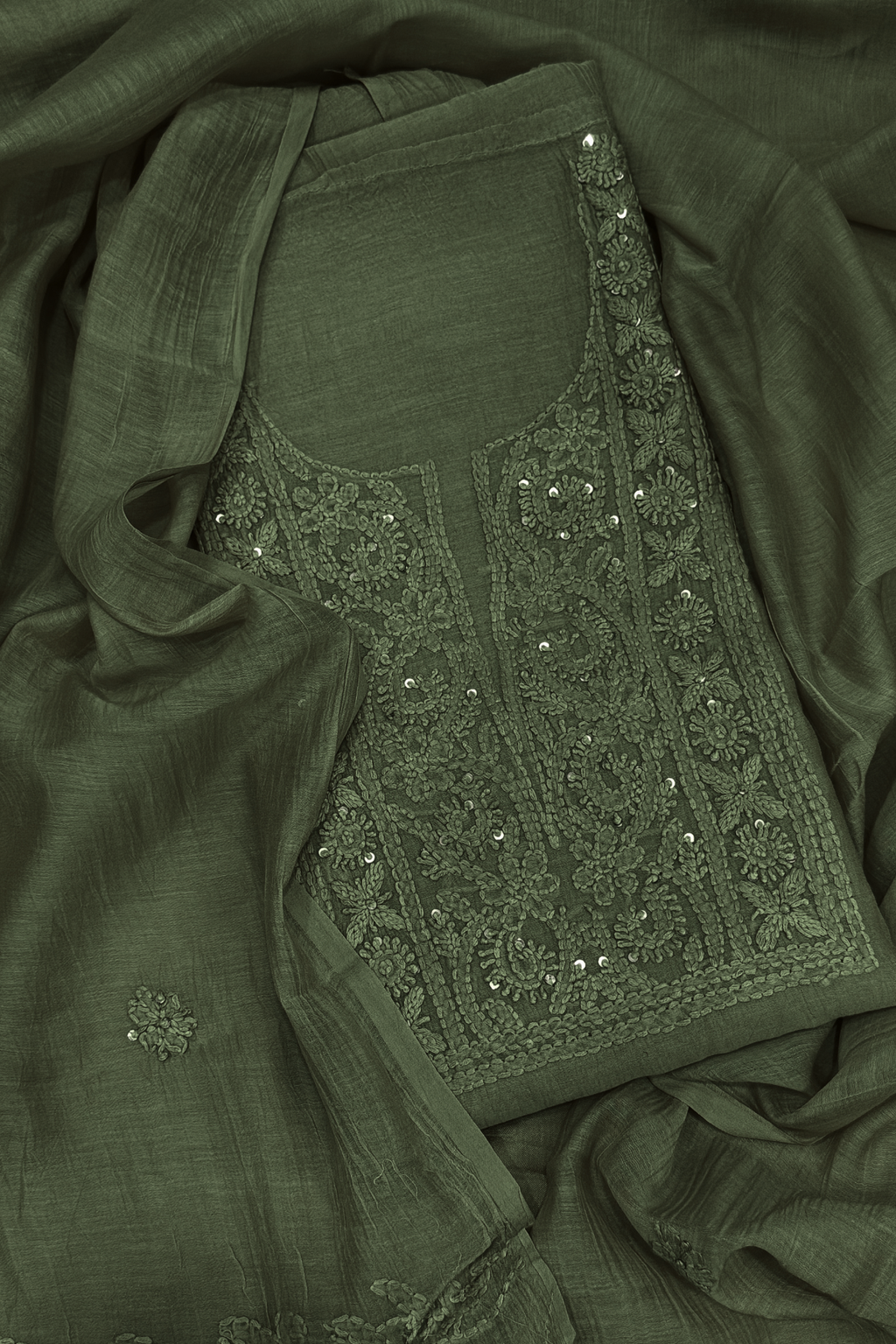 Lucknawi Pure Mul Chanderi 3-Piece Unstitched Kurta Set –  Olive Green