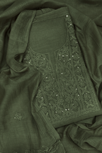Lucknawi Pure Mul Chanderi 3-Piece Unstitched Kurta Set –  Olive Green