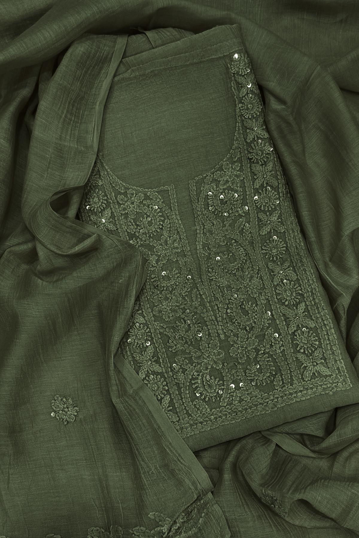 Lucknawi Pure Mul Chanderi 3-Piece Unstitched Kurta Set –  Olive Green