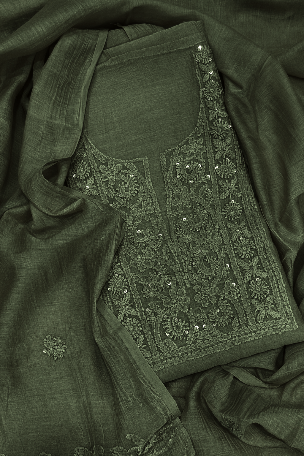 Lucknawi Pure Mul Chanderi 3-Piece Unstitched Kurta Set –  Olive Green