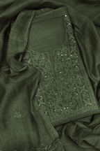 Lucknawi Pure Mul Chanderi 3-Piece Unstitched Kurta Set –  Olive Green