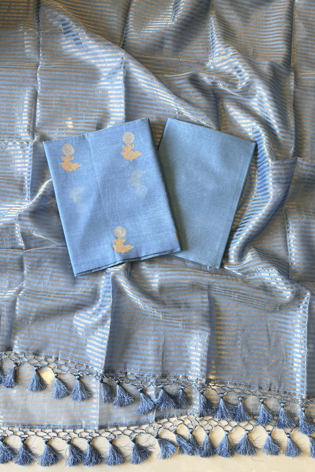 Pure Mul Chanderi With Kadwa Weaving - Pastel Blue