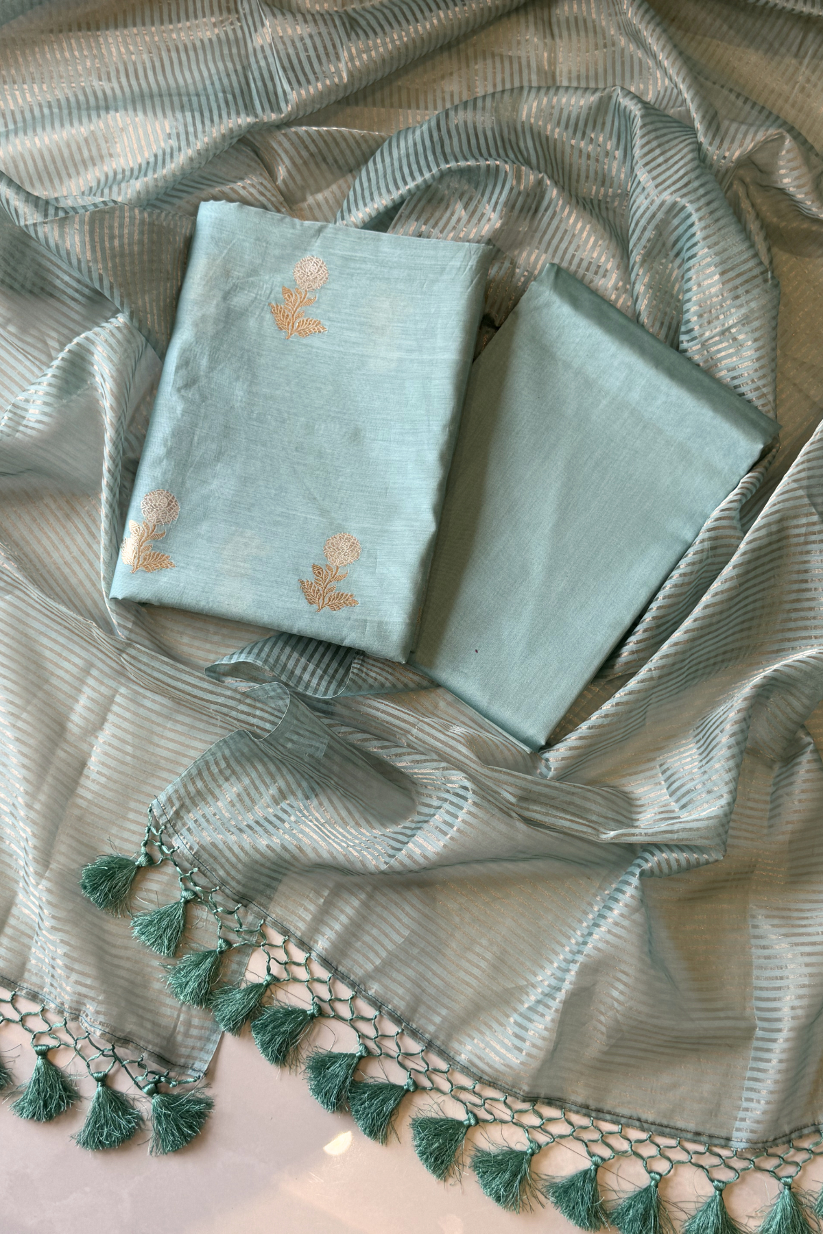 Pure Mul Chanderi With Kadwa Weaving - Sea Foam Blue