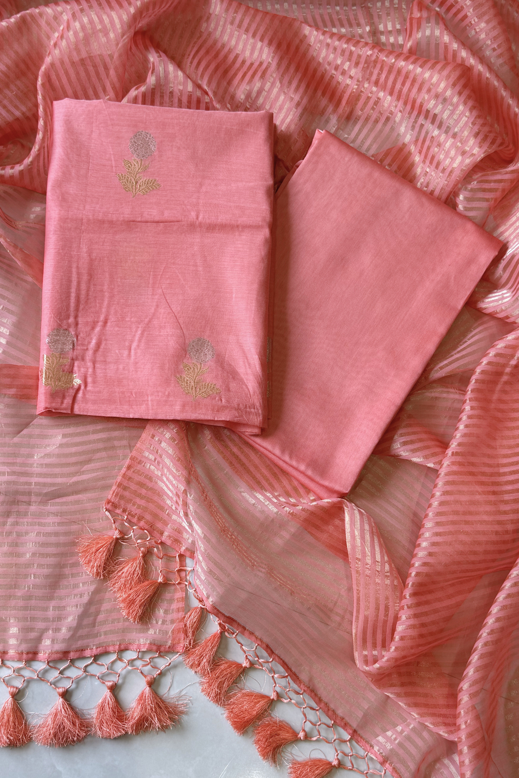 Pure Mul Chanderi With Kadwa Weaving - Peach Pink