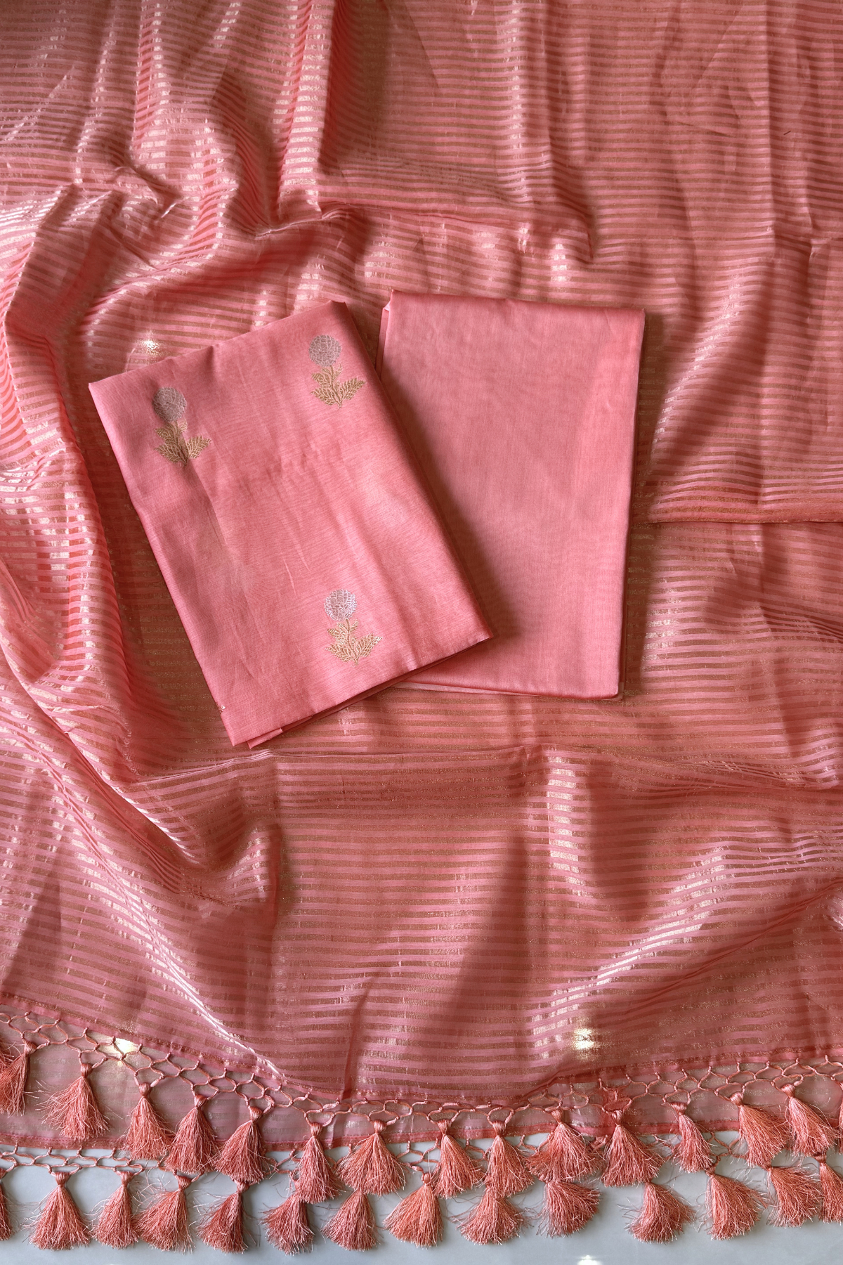 Pure Mul Chanderi With Kadwa Weaving - Peach Pink