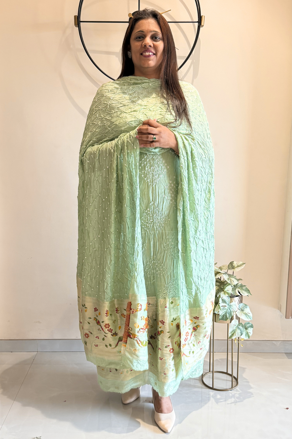 Bandhani With Paitani border - Light Peach Green