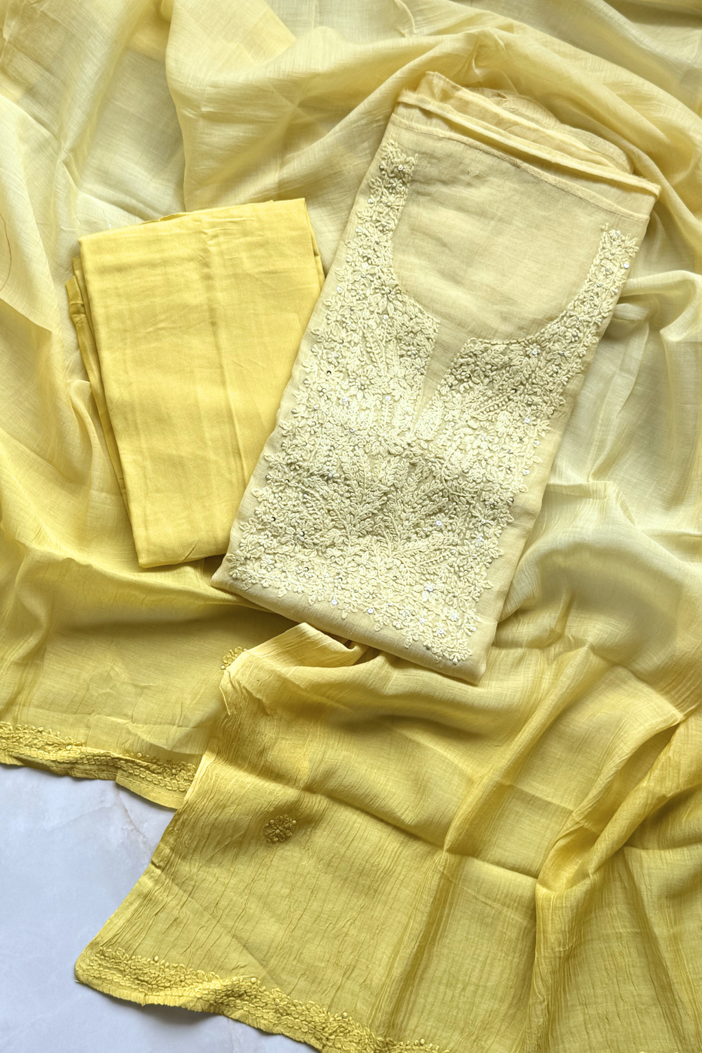 Lucknawi Pure Mul Chanderi 3-Piece Unstitched Ombre Kurta Set – Light Yellow