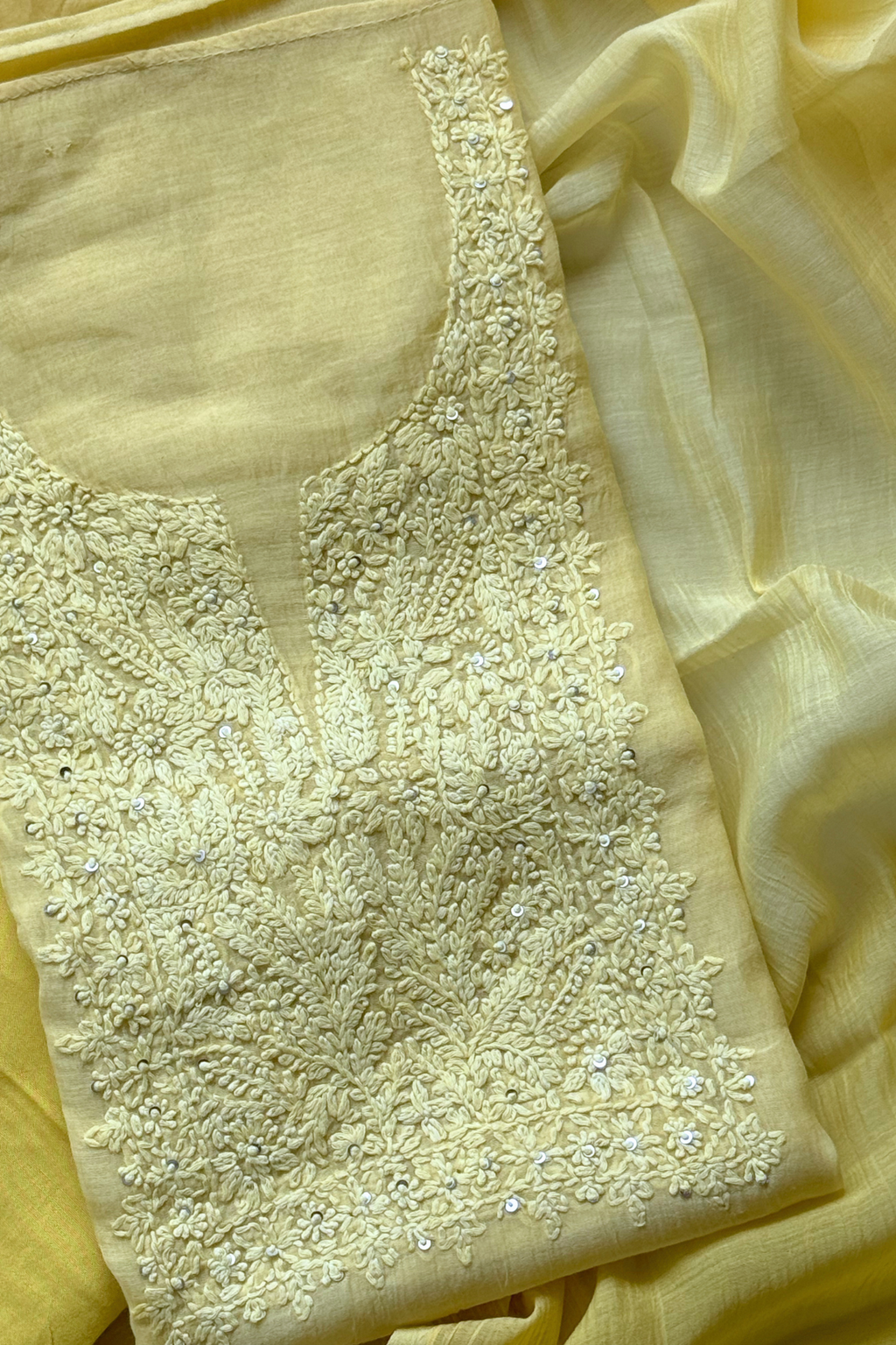 Lucknawi Pure Mul Chanderi 3-Piece Unstitched Ombre Kurta Set – Light Yellow