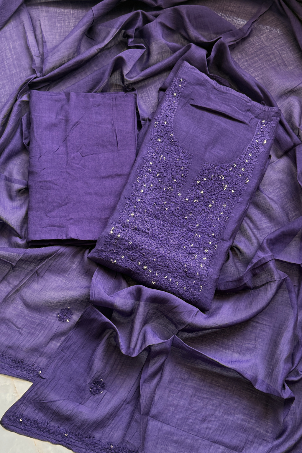 Lucknawi Pure Mul Chanderi 3-Piece Unstitched Kurta Set – purple