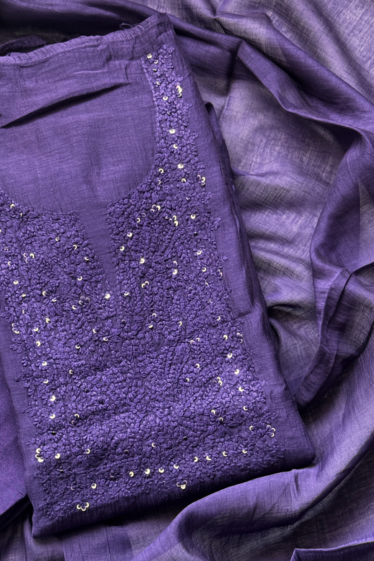 Lucknawi Pure Mul Chanderi 3-Piece Unstitched Kurta Set – purple