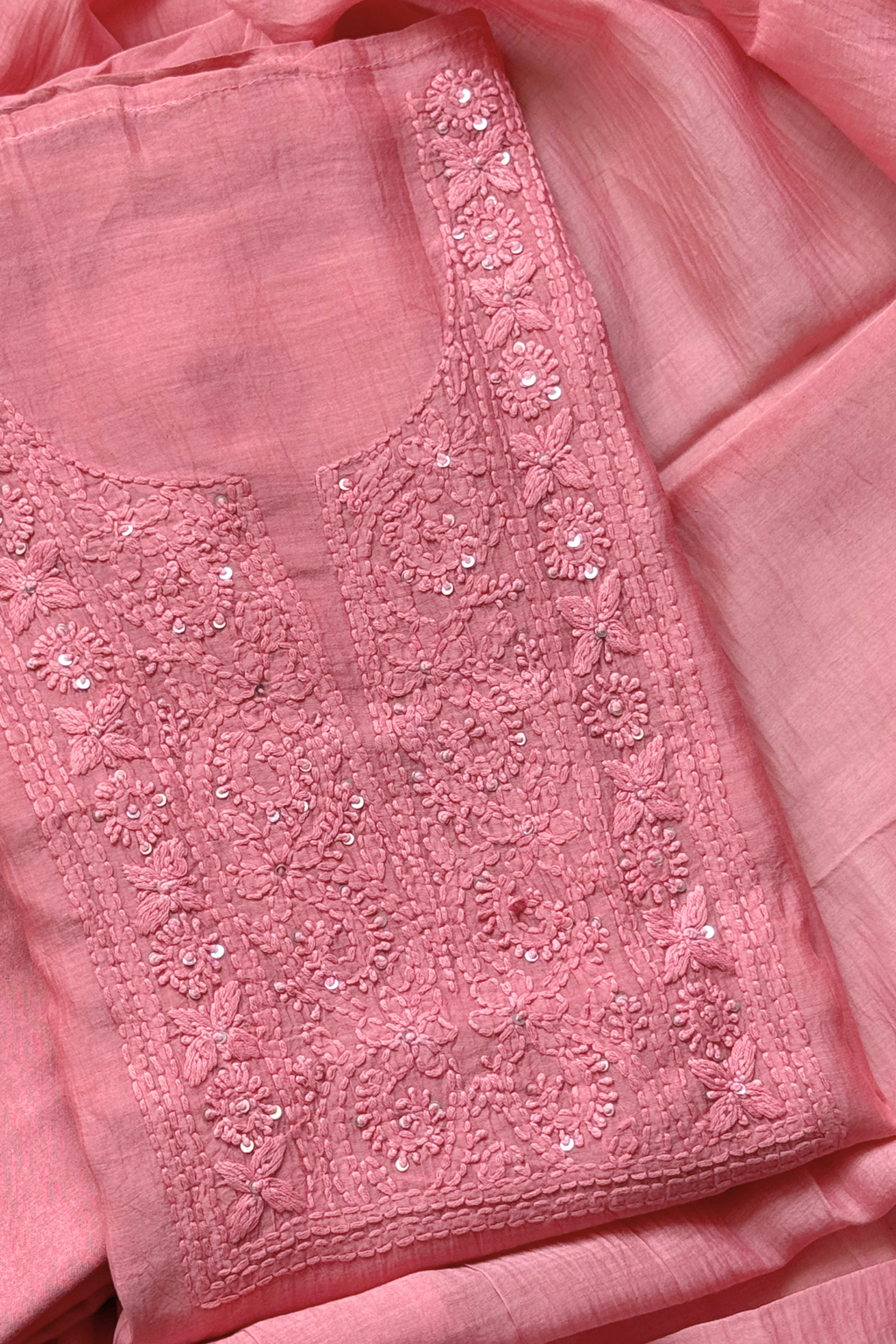 Lucknawi Pure Mul Chanderi 3-Piece Unstitched Kurta Set - Carrot Pink