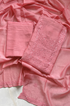 Lucknawi Pure Mul Chanderi 3-Piece Unstitched Kurta Set - Carrot Pink
