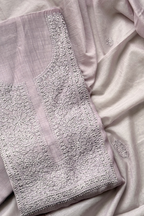 Lucknawi Pure Mul Chanderi 3-Piece Unstitched Kurta Set - Light Lavender