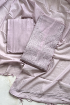 Lucknawi Pure Mul Chanderi 3-Piece Unstitched Kurta Set - Light Lavender