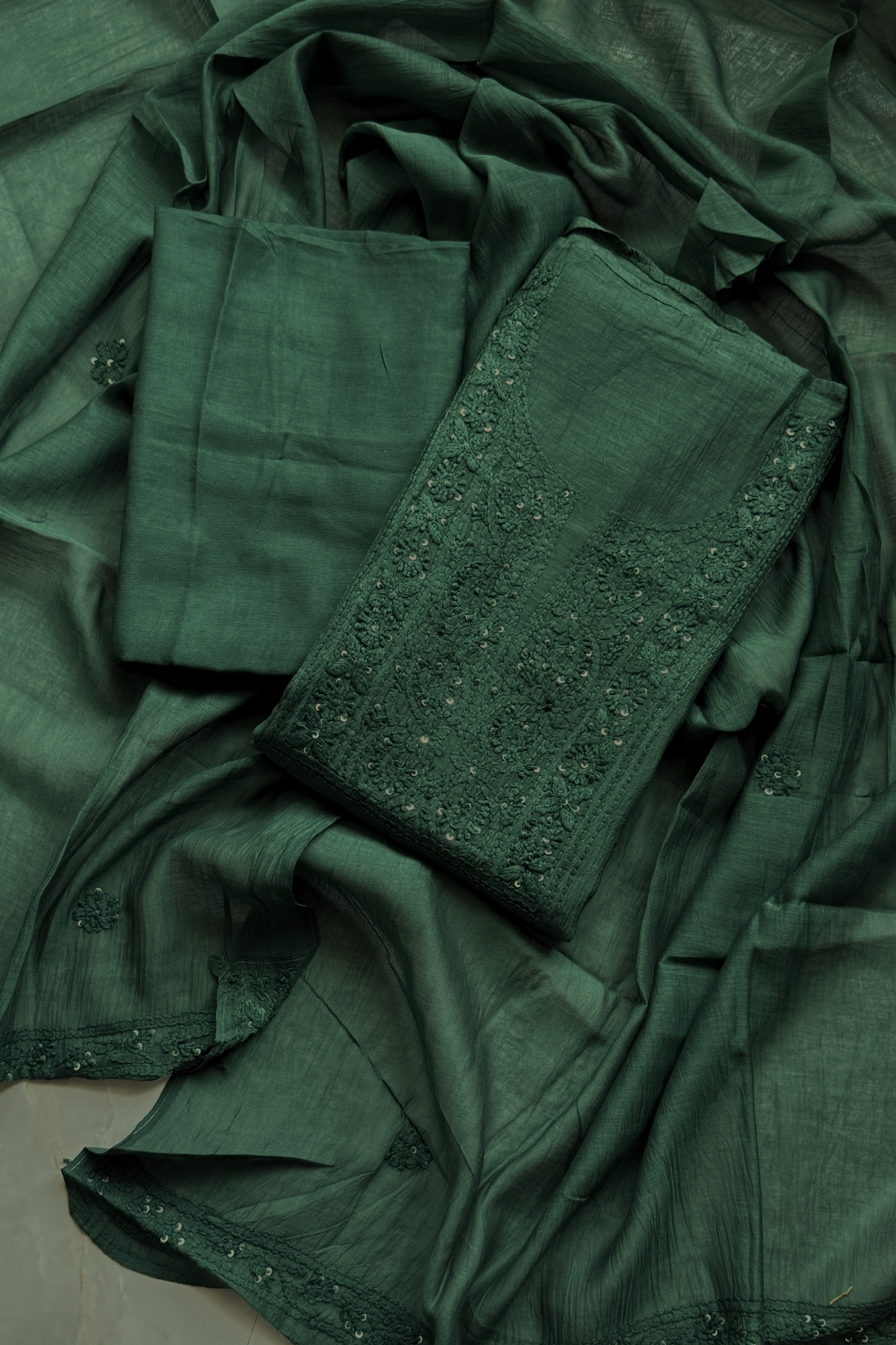 Lucknawi Pure Mul Chanderi 3-Piece Unstitched Kurta Set - Green