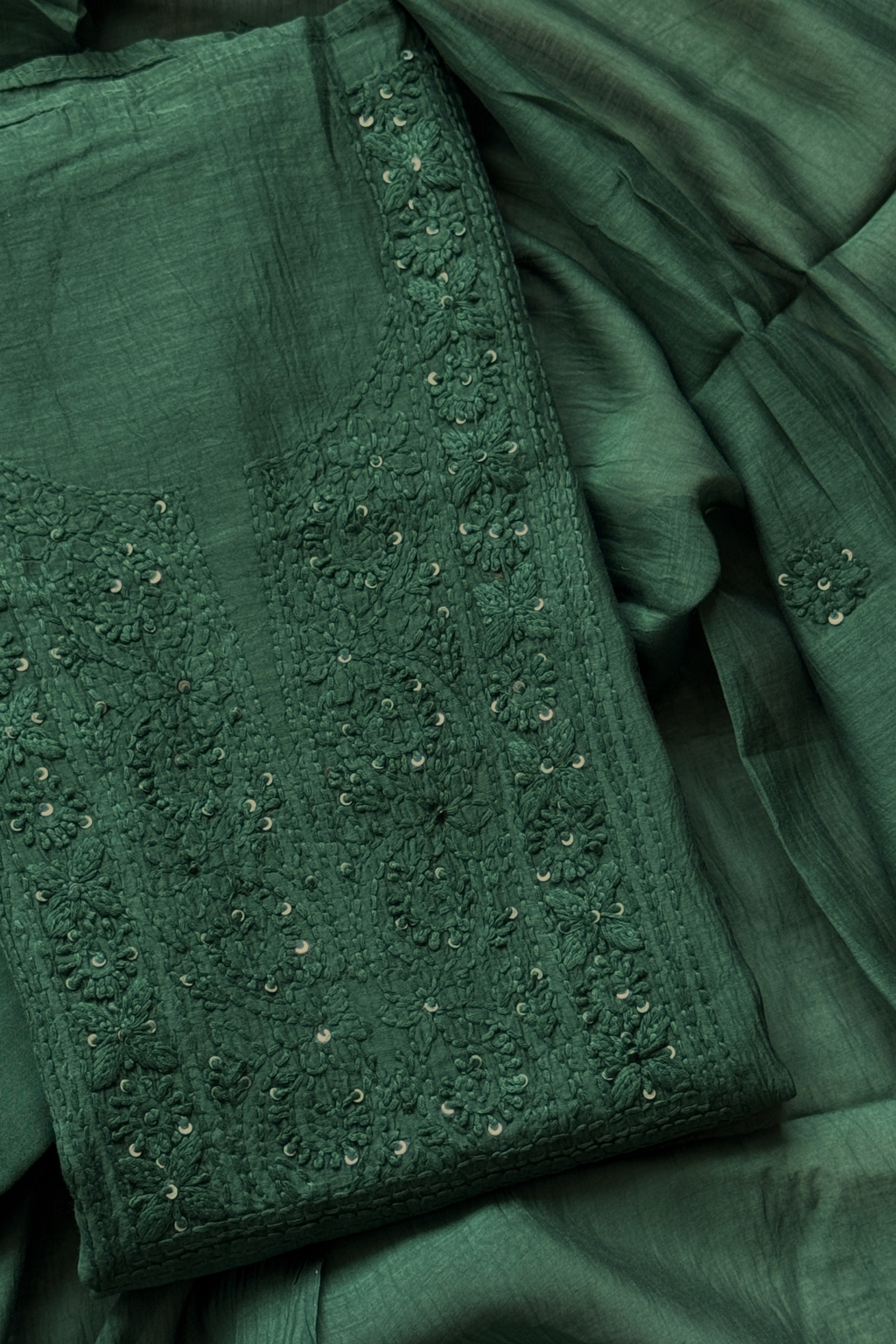 Lucknawi Pure Mul Chanderi 3-Piece Unstitched Kurta Set - Green