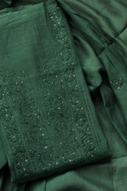 Lucknawi Pure Mul Chanderi 3-Piece Unstitched Kurta Set - Green