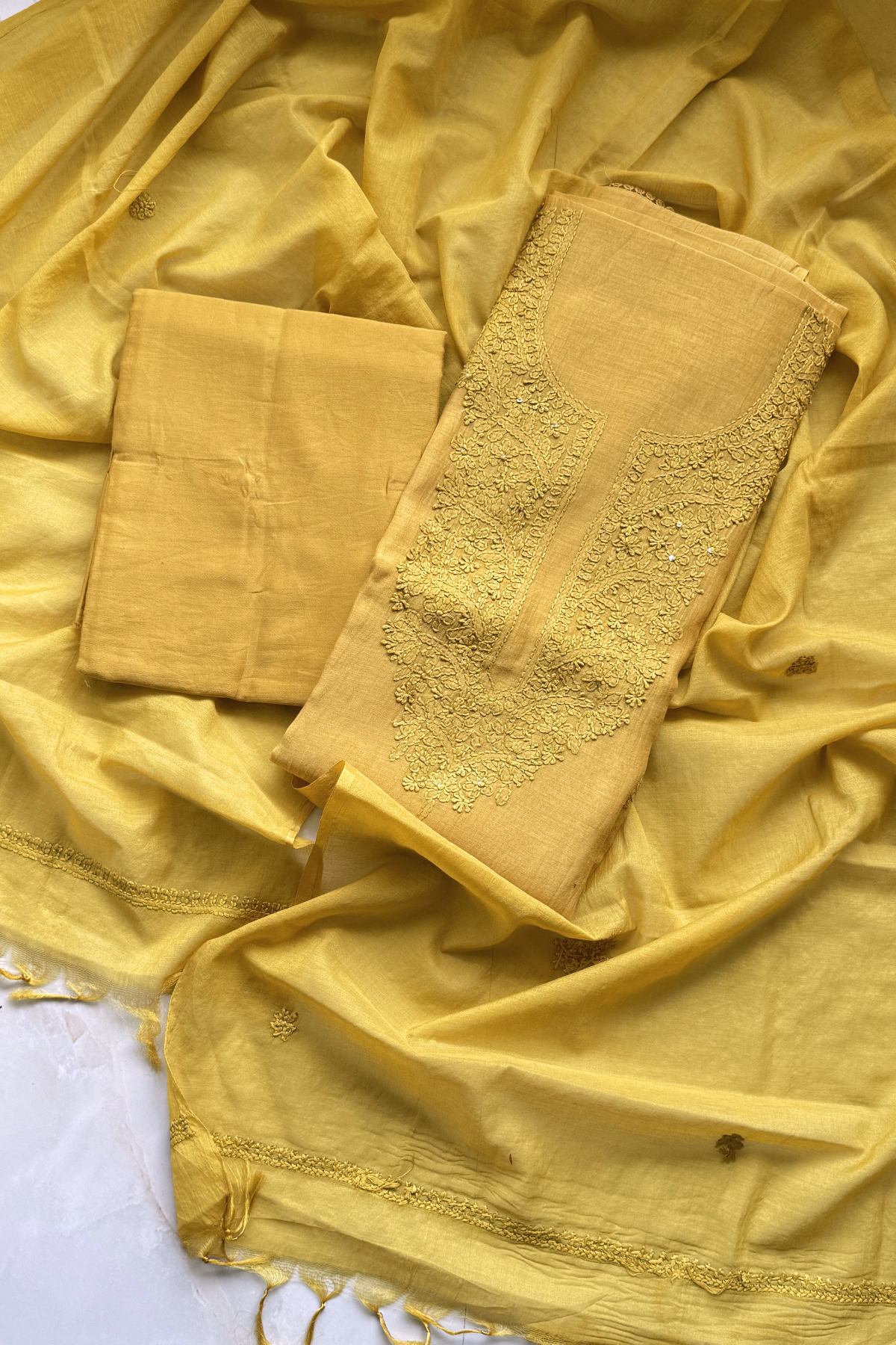 Lucknawi Pure Mul Chanderi 3-Piece Unstitched Kurta Set - Mustard Yellow