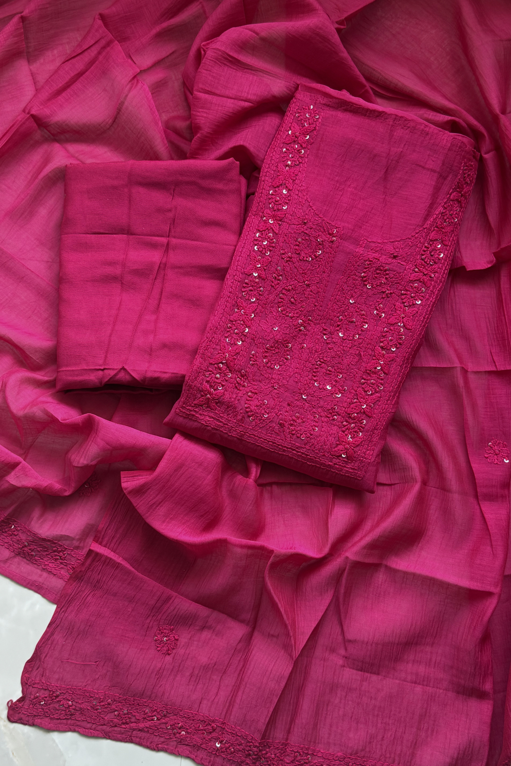 Lucknawi Pure Mul Chanderi 3-Piece Unstitched Kurta Set - Bright Pink